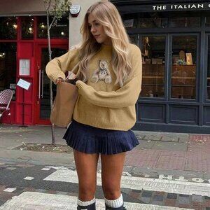 Khaki Casual Womens Cute Cartoon Bear Round Neck Long Sleeve Knitted Sweater